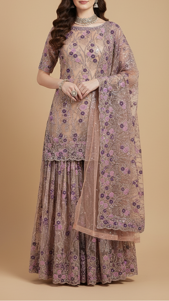 Purple Imported Net Fabric with Allover Ribbon Work, Katdana & Bead Work with Two-Side Scalloped Edges Border 19722