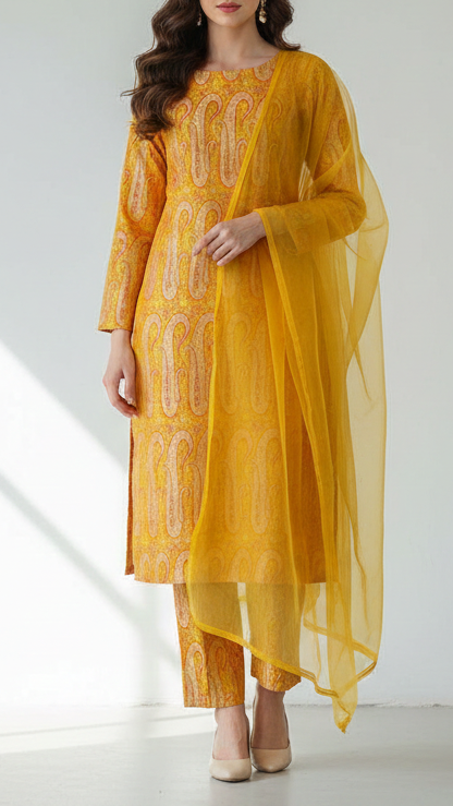 Mustard Banarasi Brocade Fabric With All Over Thread And Golden Zari Handloom 21416