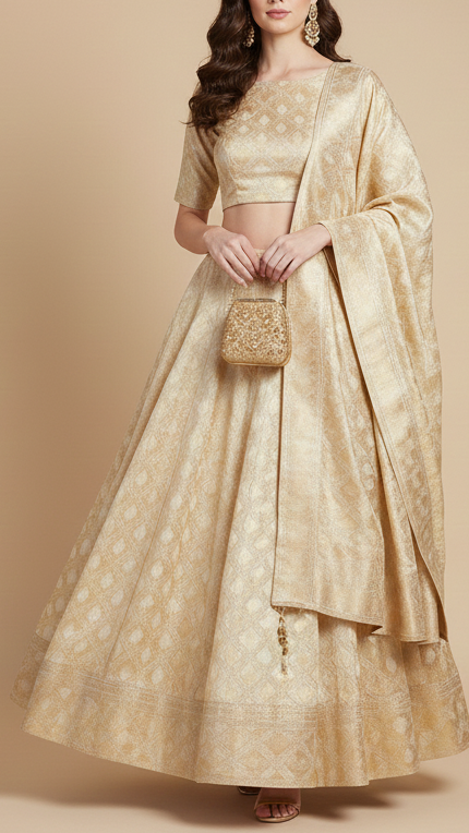 White Organza Tissue Fabric With All Over Golden Zari Handloom 20576