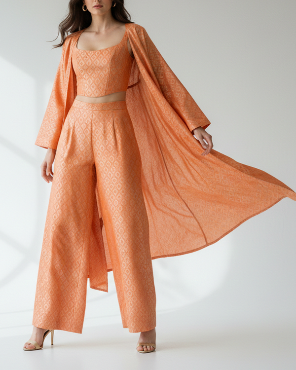Orange Banarasi Brocade Fabric With All Over Thread And Golden Zari Handloom 16788