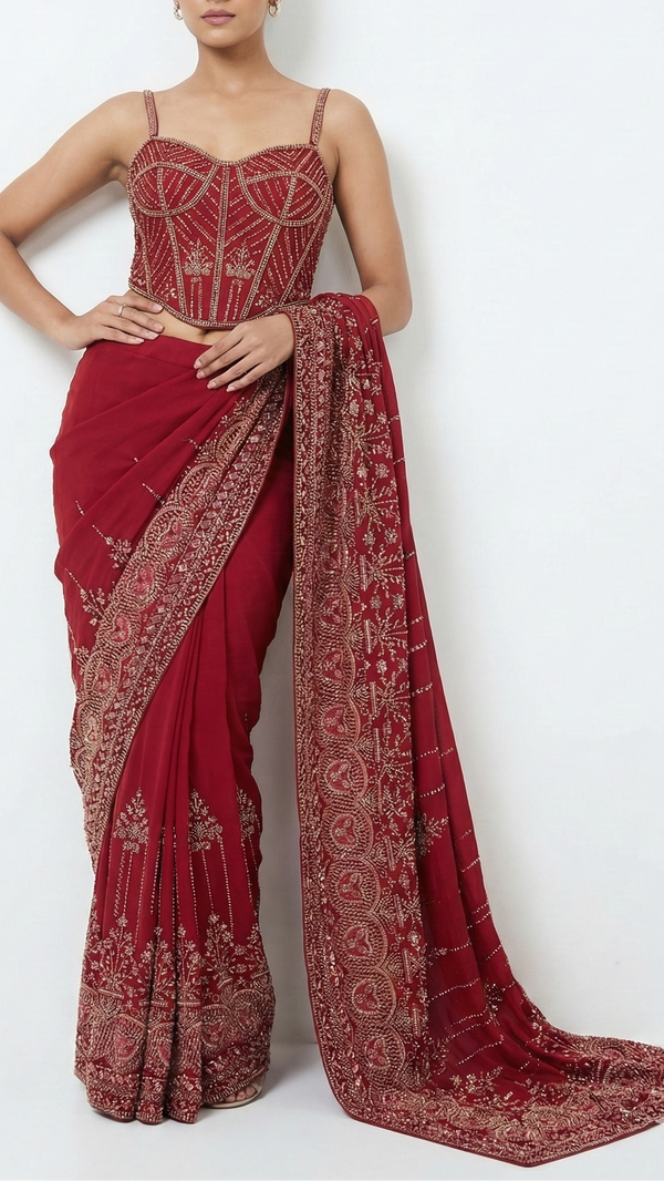 Maroon Georgette Fabric With Allover Sequins, Katdana And Bead Work With Heavy Border 21122