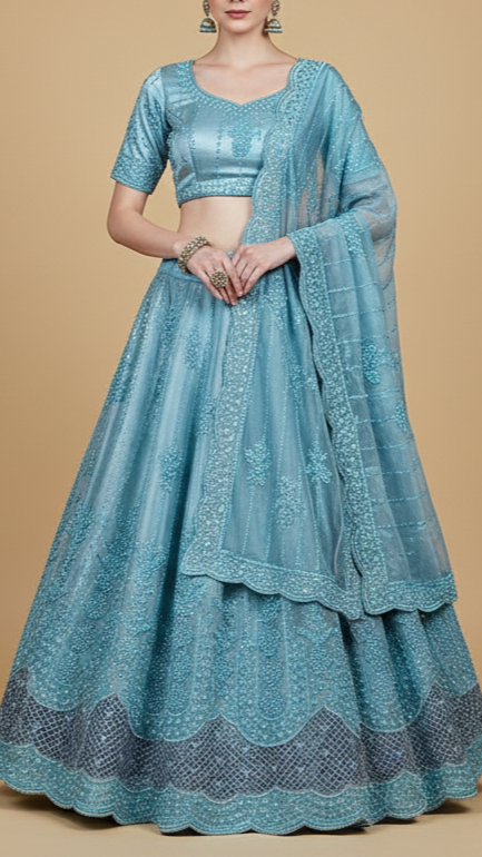 Sky Blue Imported Organza Satin Fabric with All Over Katdana, Bead & Sequins Work with One Side Cutwork and Scalloped Border 15525