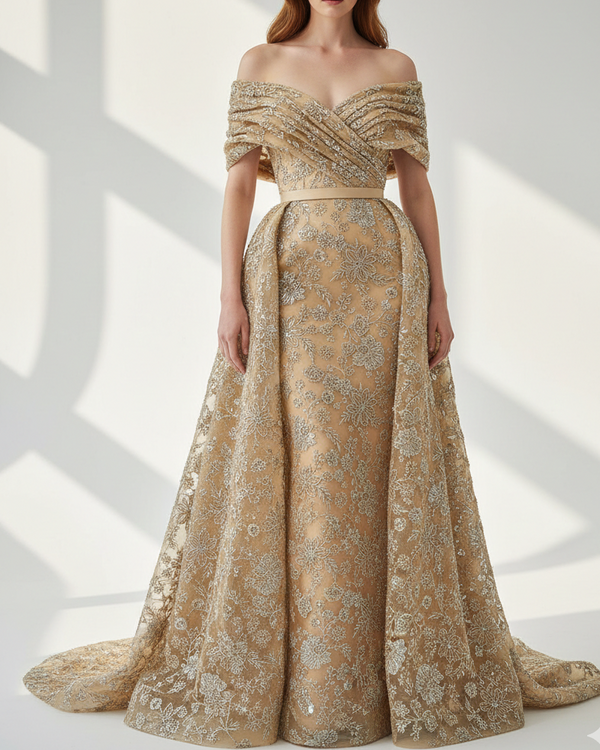 Golden Imported Net Fabric With All Over Zari, Katdana, Sequins And Bead Work 21616