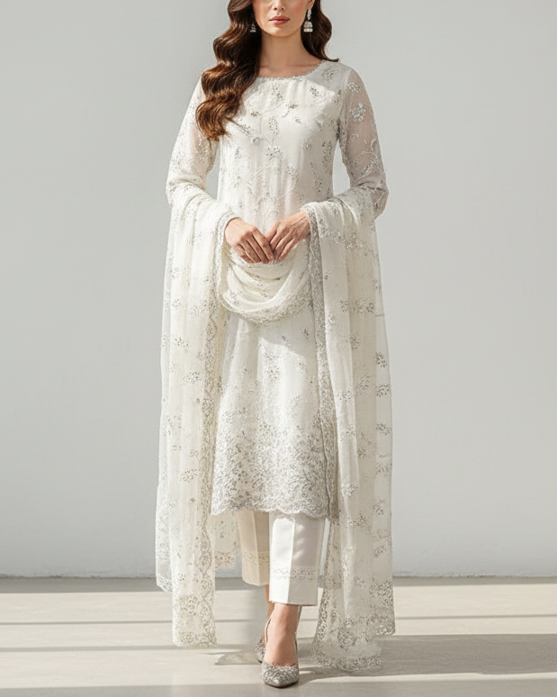 White Dyeable Georgette Fabric with Allover Thread and Katdana Work 21043