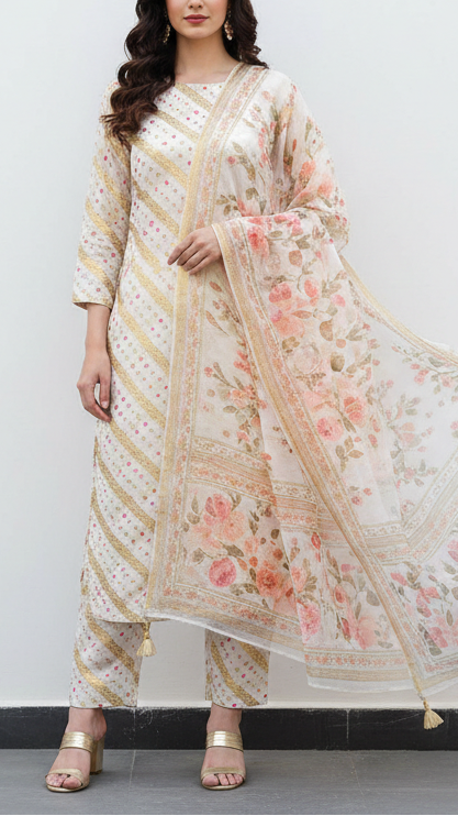 White Georgette Fabric With All Over Thread And Zari Handloom 20581