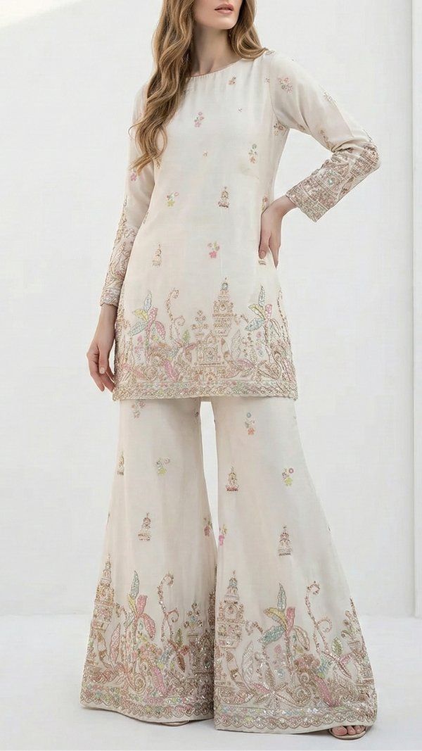 White Dyeable Crepe Fabric With All Over Buti Of Sequins And Katdana Work With One Side Heavy Border 21192