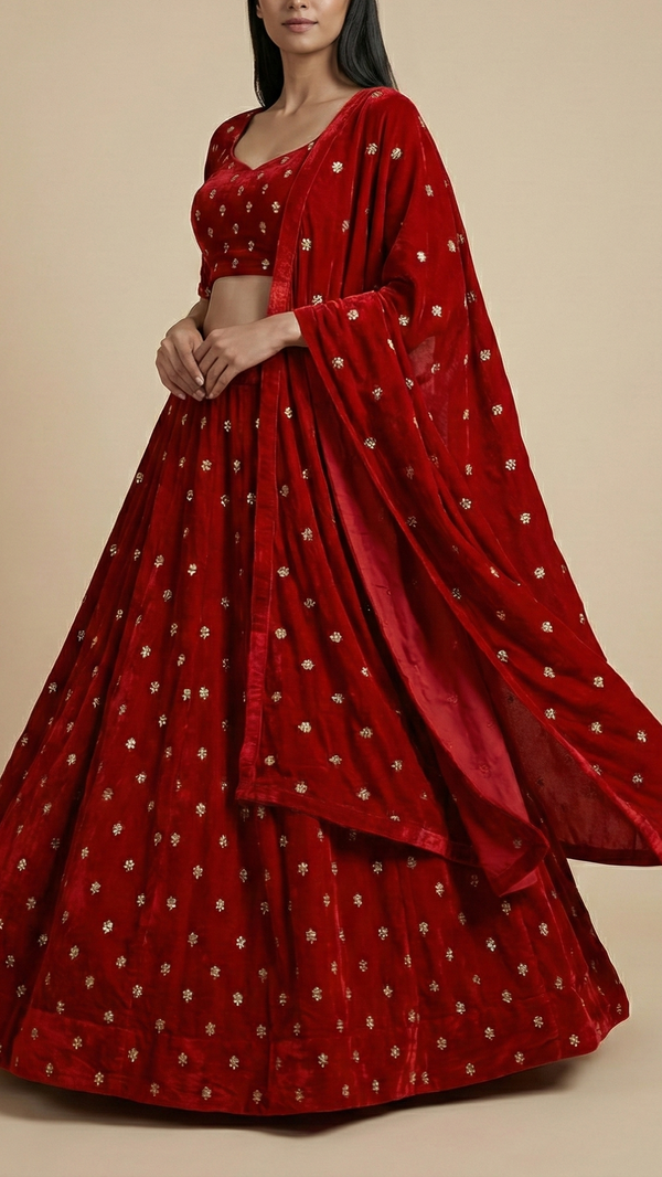 Red Velvet Fabric With All Over Buti Of Katdana, Sequins And Zari 20599
