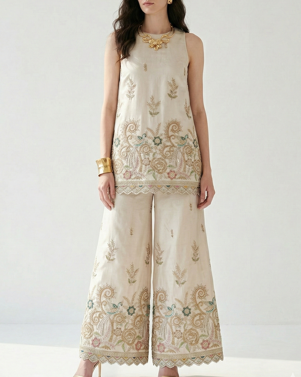 White Dyeable Dola Silk Fabric With All Over Zari, Sequins, Bead, Katdana And Multi Color Thread Work With One Side Scalloped Border 21964