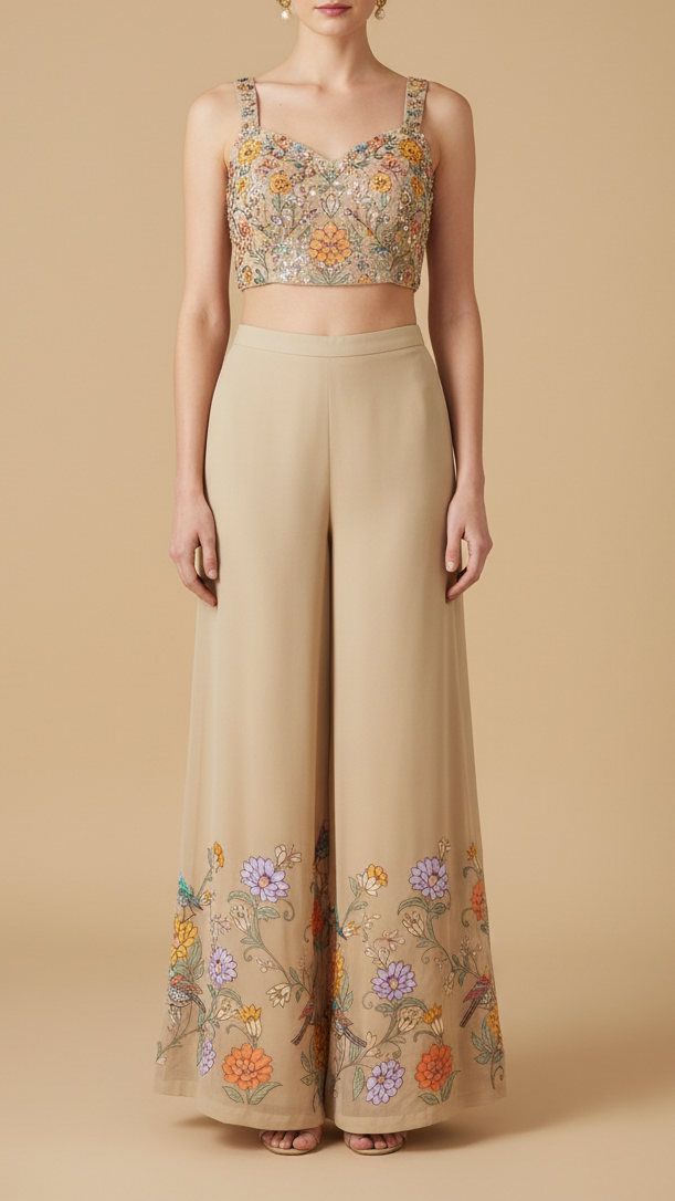 Beige Georgette Fabric with All Over Traditional Print and Katdana, Bead and Sequins Work 19678