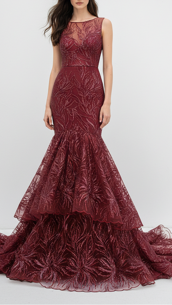 Maroon Imported Net Fabric With All Over Thread, Bead And Sequins Work 22135