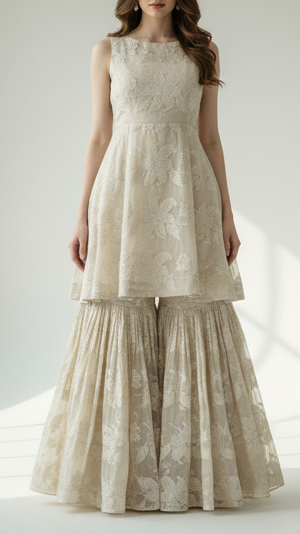 Off White Tissue Fabric With All Over Thread Work  20684