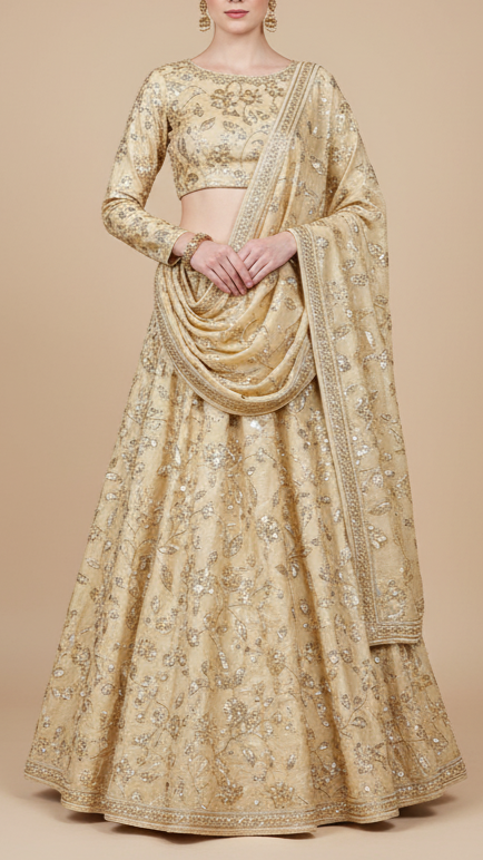 Cream Crepe Fabric With All Over Sequins, Bead And Zari  19951