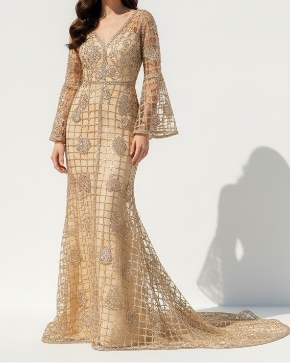 Golden Imported Laser CutWork Net Fabric With All Over Rose Gold Zari And Sequins  21513