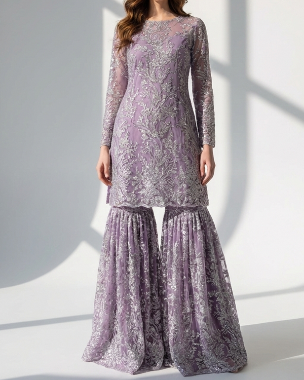 Purple Imported Net Fabric With All Over Bead And Sequins Work 22088