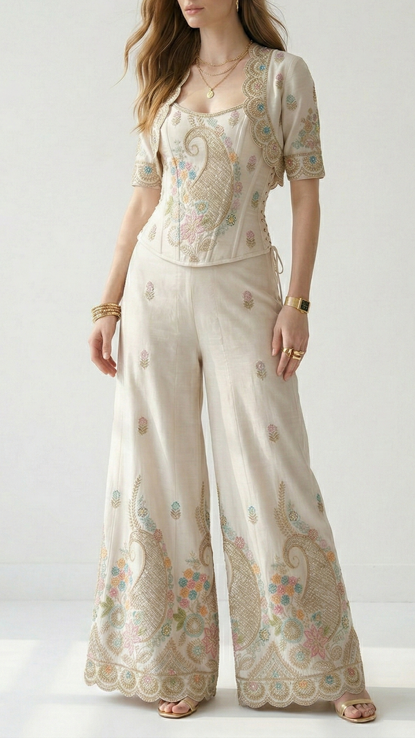 White Dyeable Dola Silk Fabric With All Over Buti Of Zari, Sequins, Bead, Katdana And Multi Color Thread Work With One Side Scalloped Border 21965
