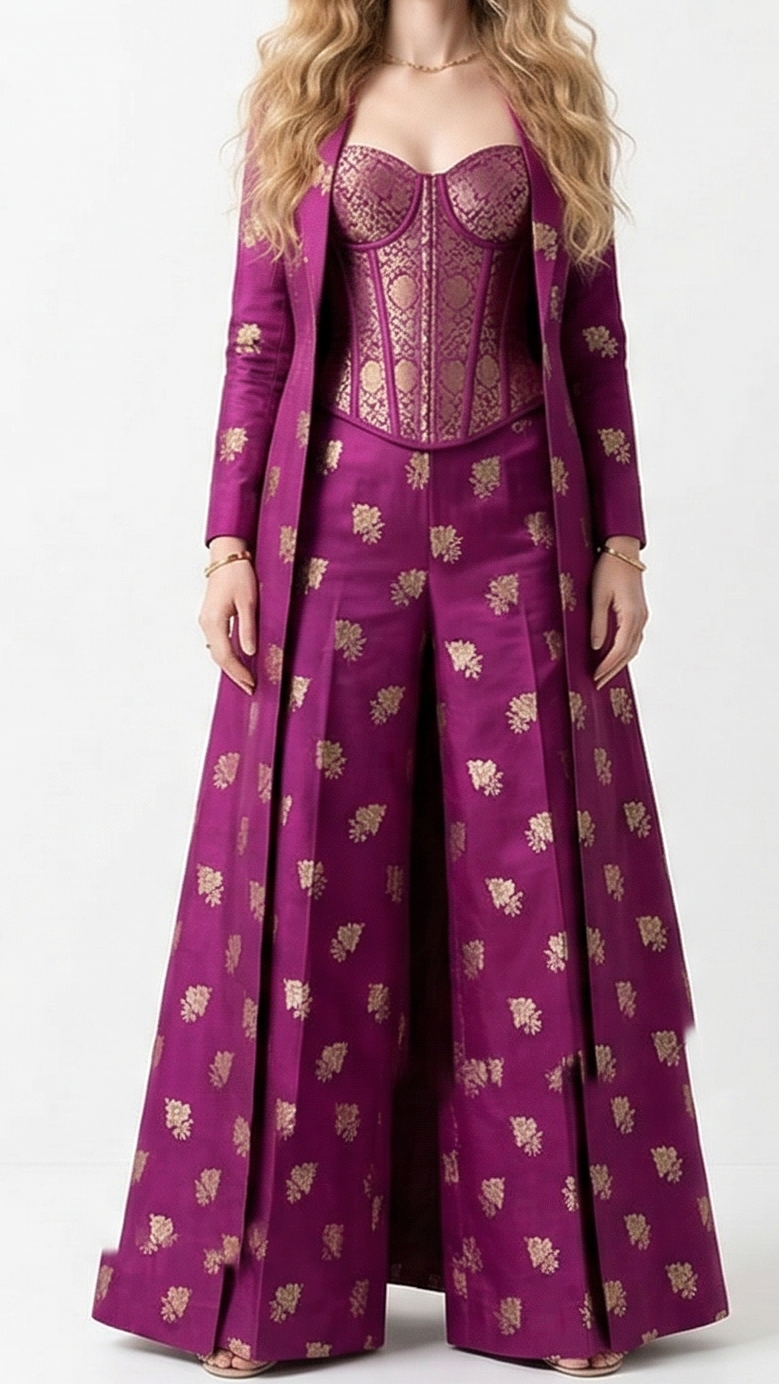 Purple Banarasi Brocade Fabric With All Over Zari Handloom 22255