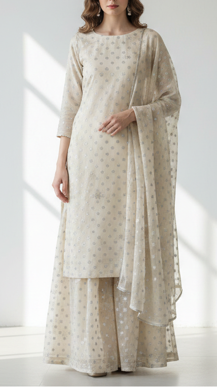 White Dyeable Chanderi Silk Fabric With All Over Dull Gold Zari Handloom 21816