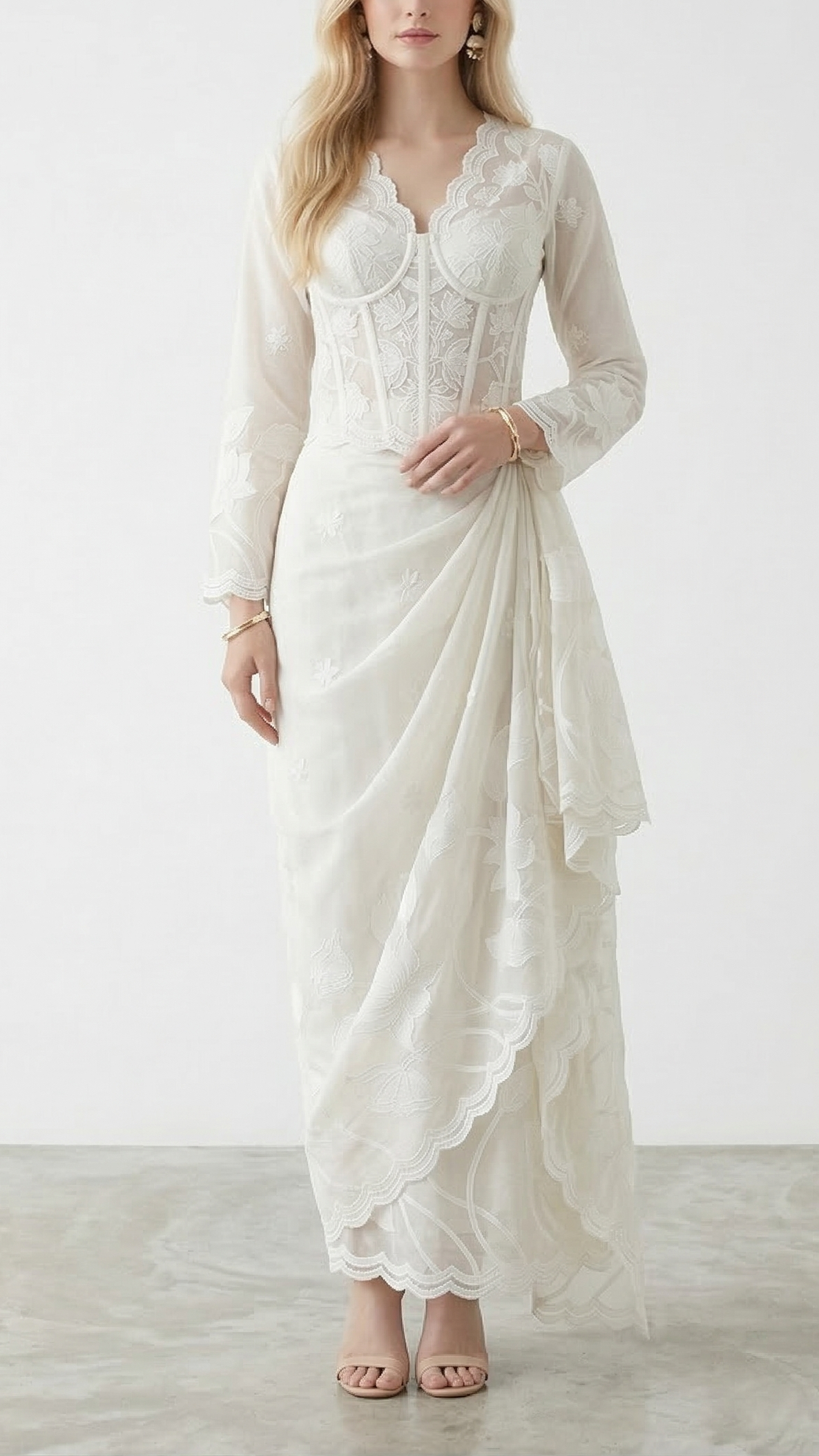 White Dyeable Kora Cotton Fabric With Allover Thread And Patch Work With One Side Scalloped Border 22156