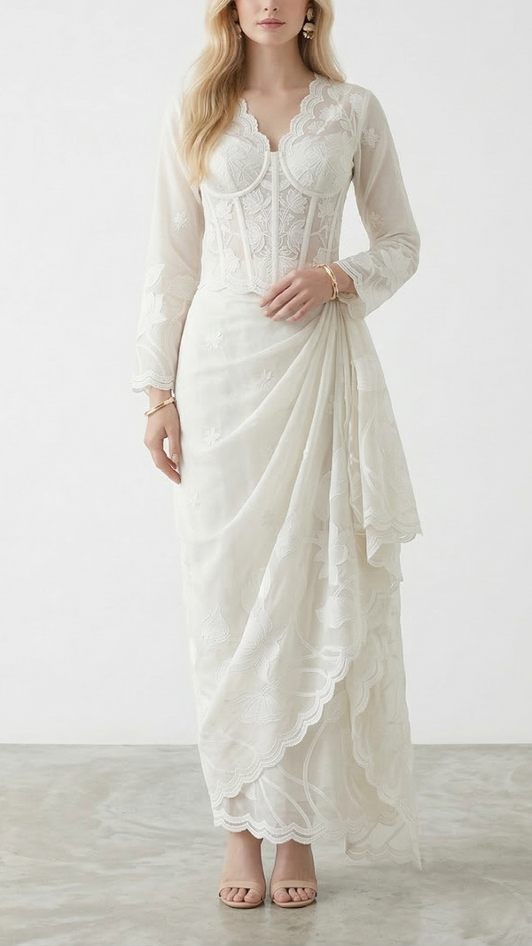White Dyeable Kora Cotton Fabric With Allover Thread And Patch Work With One Side Scalloped Border 22156