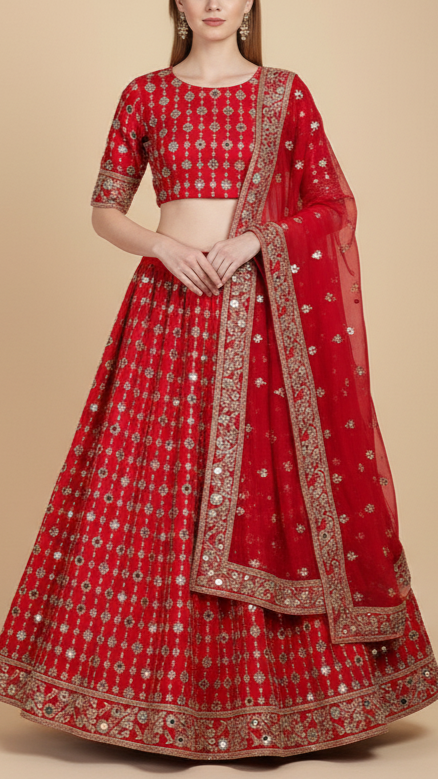 Red Crepe Fabric With All Over Sequins, Katdana, Zari, Mirror And Bead Work With One Side Border 19990