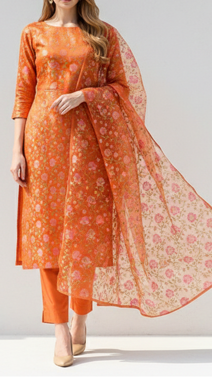 Orange Banarasi Brocade Fabric With All Over Thread And Zari Handloom 21258