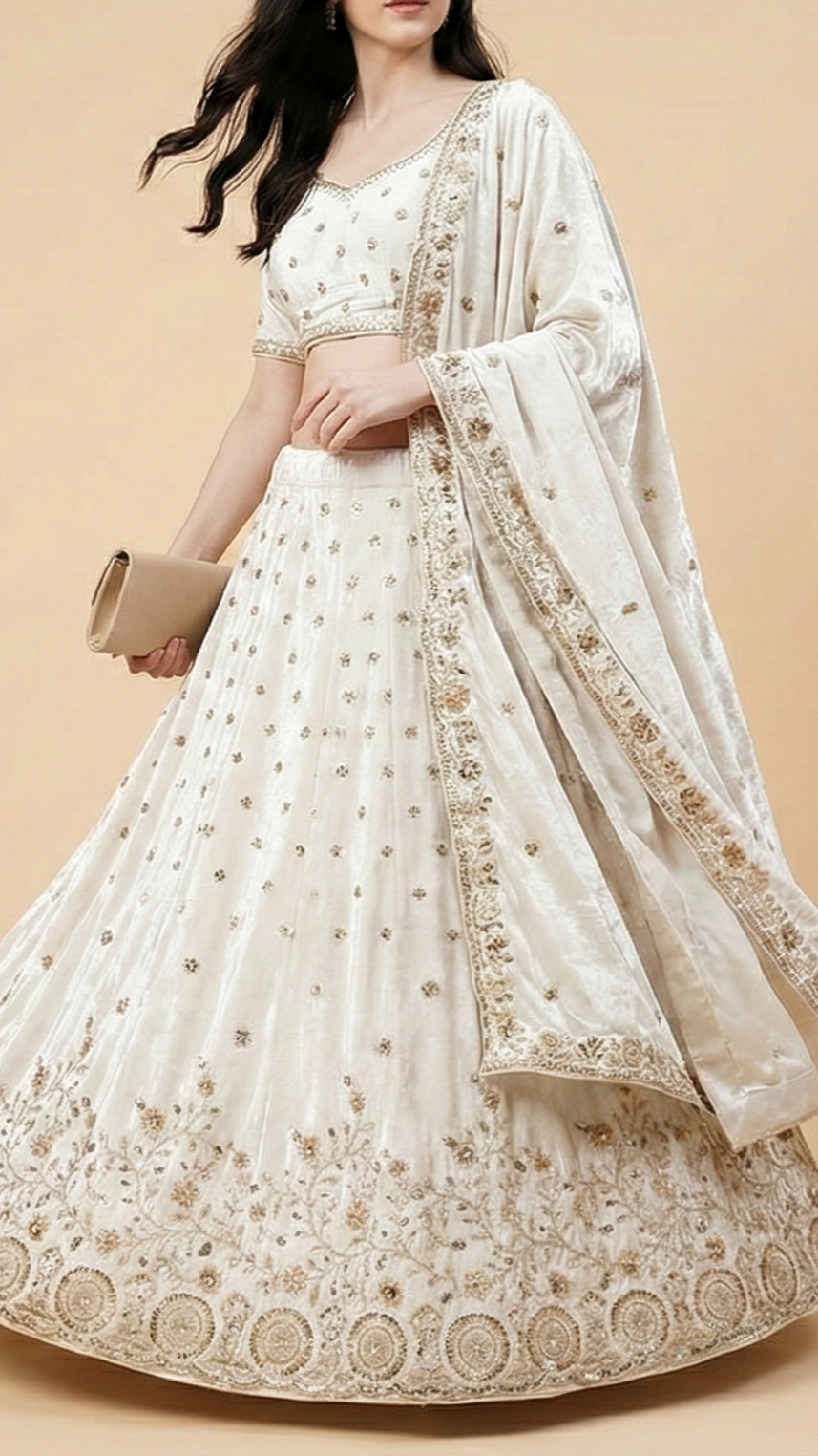White Velvet Fabric With All Over Buti Of Katdana, Sequins And Bead With One Side Border 20634