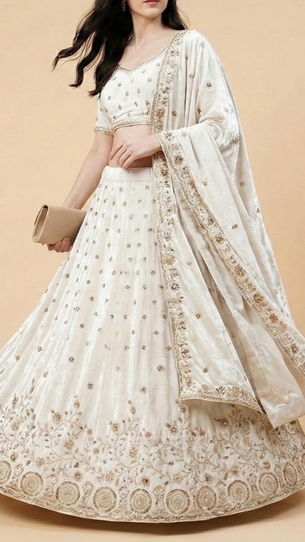 White Velvet Fabric With All Over Buti Of Katdana, Sequins And Bead With One Side Border 20634