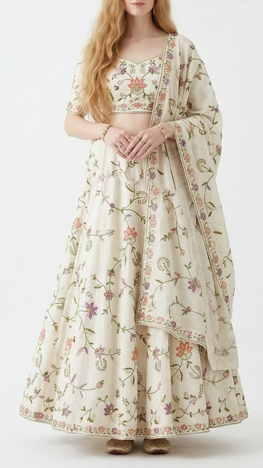 White Cotton Fabric with All Over Thread, Katdana & Sequins Work 15359