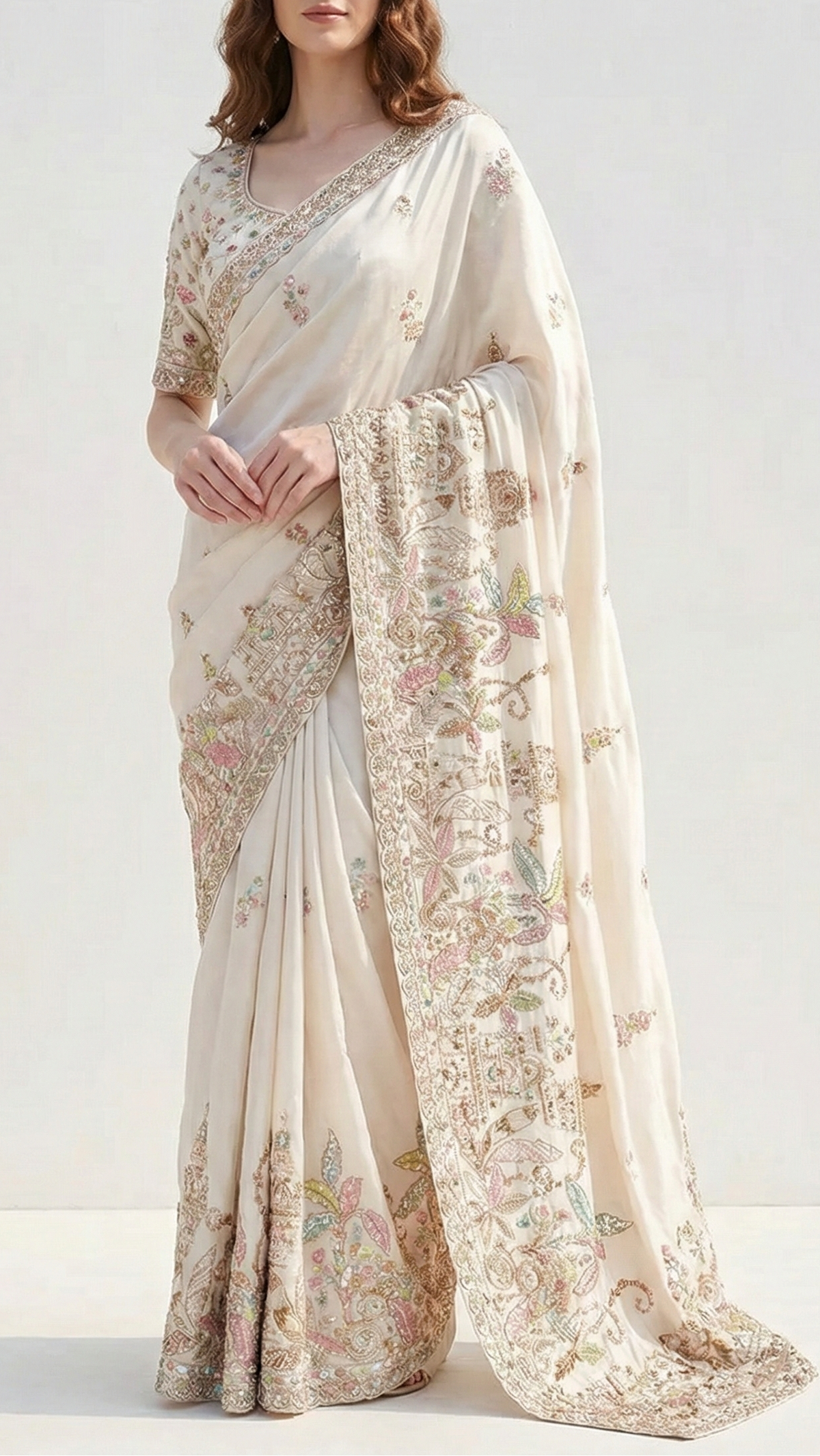 White Dyeable Crepe Fabric With All Over Buti Of Sequins And Katdana Work With One Side Heavy Border 21192