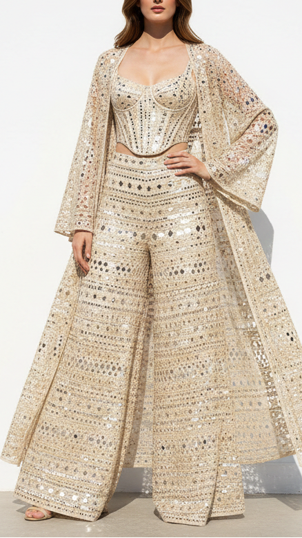 The Noor - Golden Dyeable Tissue Fabric With All Over Zari, Sequins And Fuax Mirror work | 21672