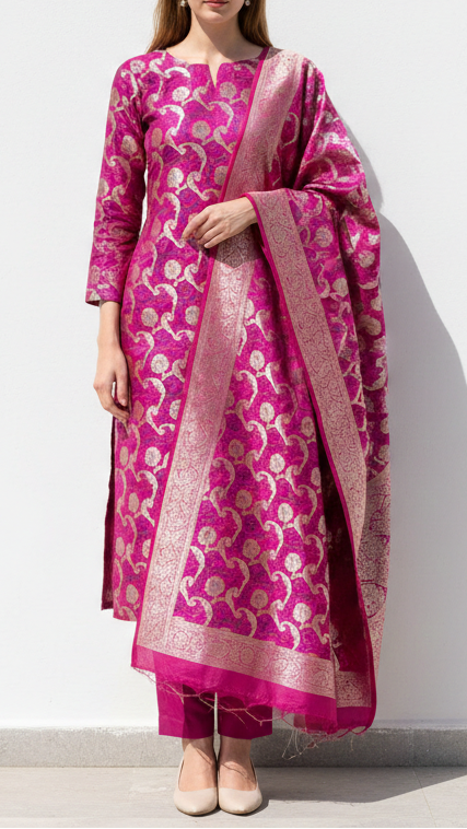 Magenta Banarasi Brocade Fabric With All Over Thread And Zari Handloom 21280
