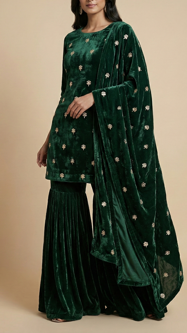 Bottle Green Velvet Fabric With All Over Buti Of Katdana, Sequins And Zari 20601
