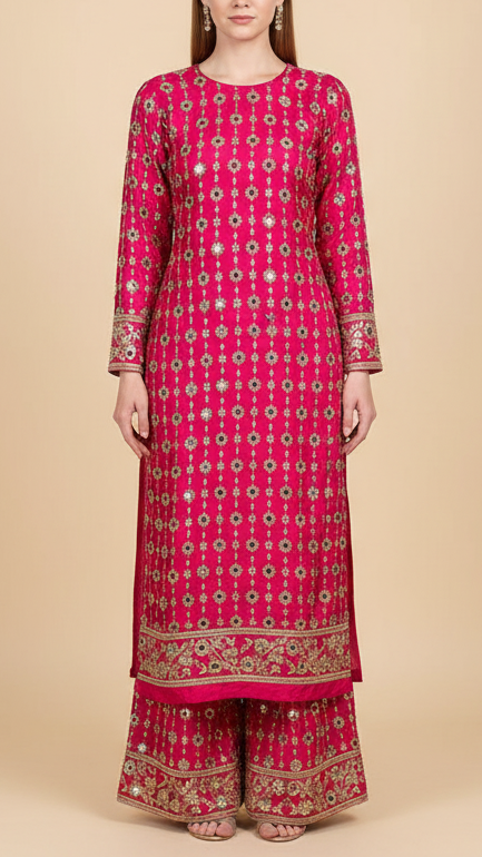 Rani Pink Crepe Fabric With All Over Sequins, Katdana, Zari, Mirror And Bead Work With One Side Border 19993