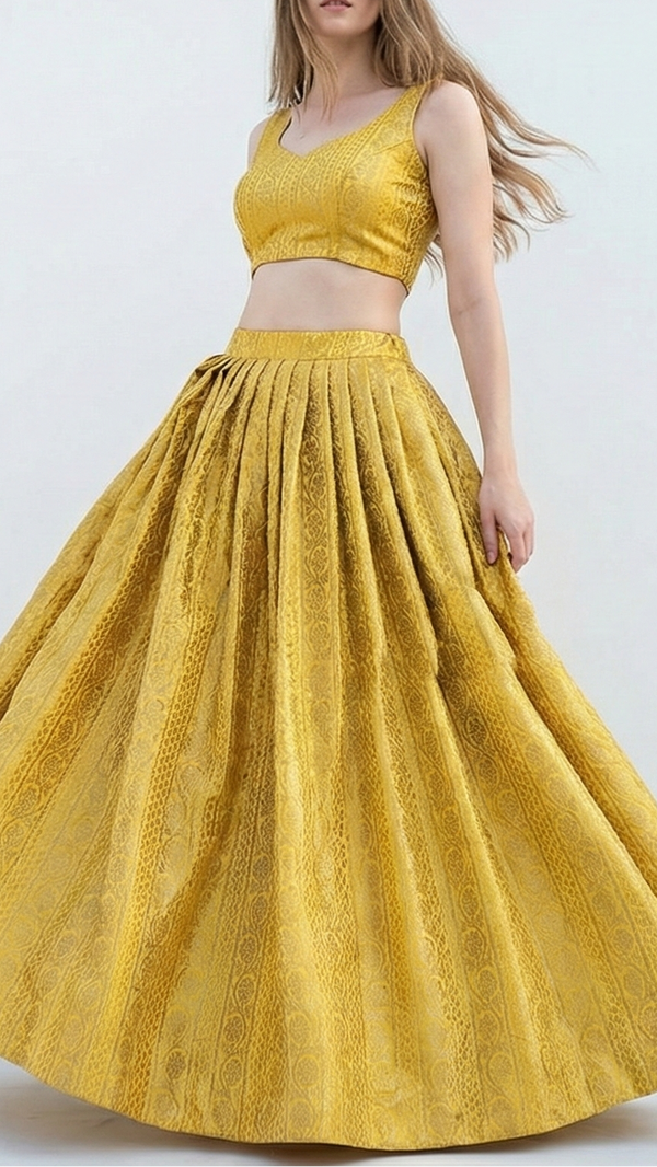 Mustard Banarasi Brocade Fabric With Allover Golden Zari Handloom 21149