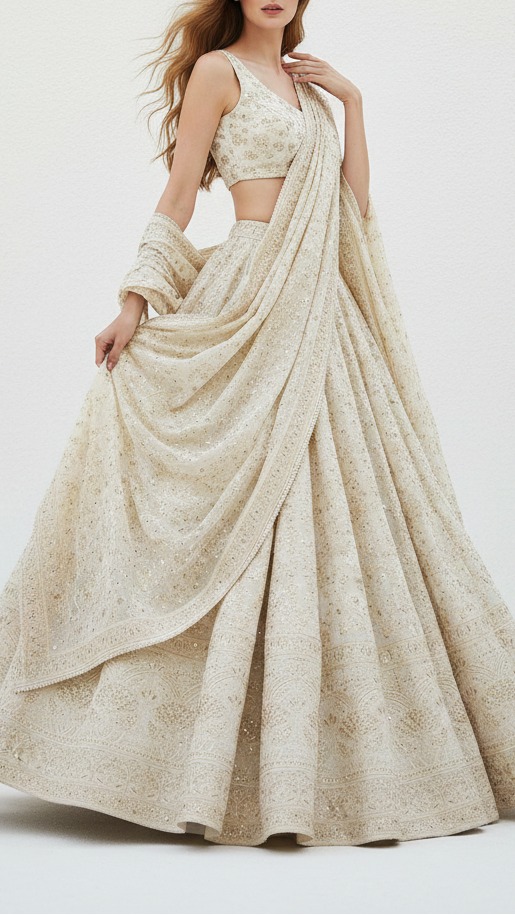 White Dyeable Georgette Fabric With All Over Sequins And Thread Work With One Side Border 21760