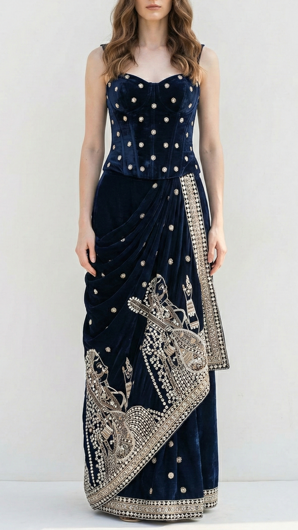 Navy Blue Velvet Fabric With All Over Faux Mirror, Zari And Sequins Work With One Side Heavy Border 20630