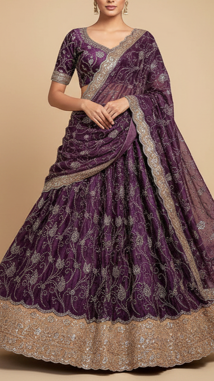 Lavender Velvet Fabric With All Over Buti Of Katdana And Bead With One Side Border 20623