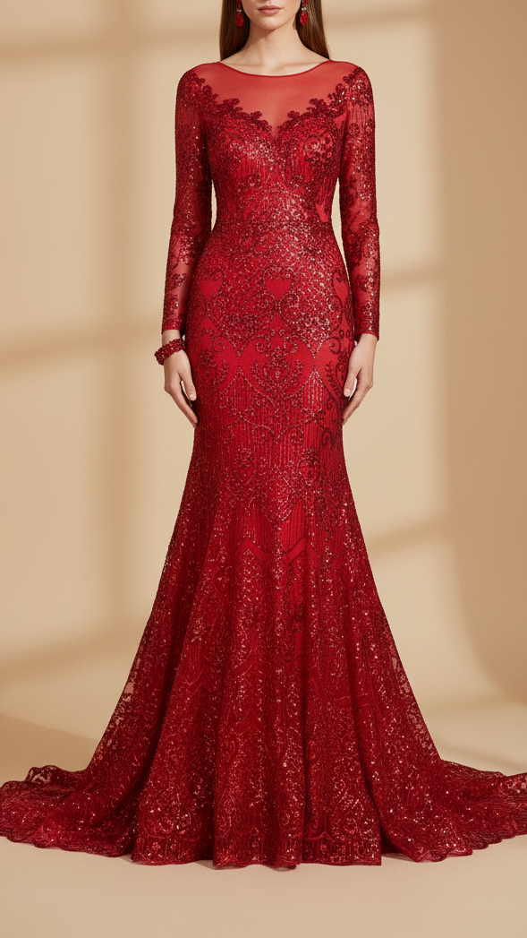 Red Georgette Fabric with All Over Sequins Work and One-Side Scalloped Border 19766