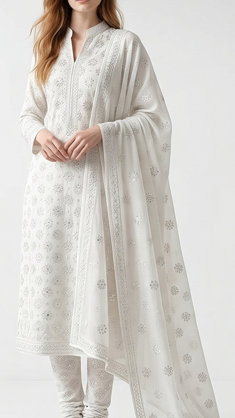 The Noor - White Dyeable Cotton Fabric With All Over Sequins And Thread Work | 22501