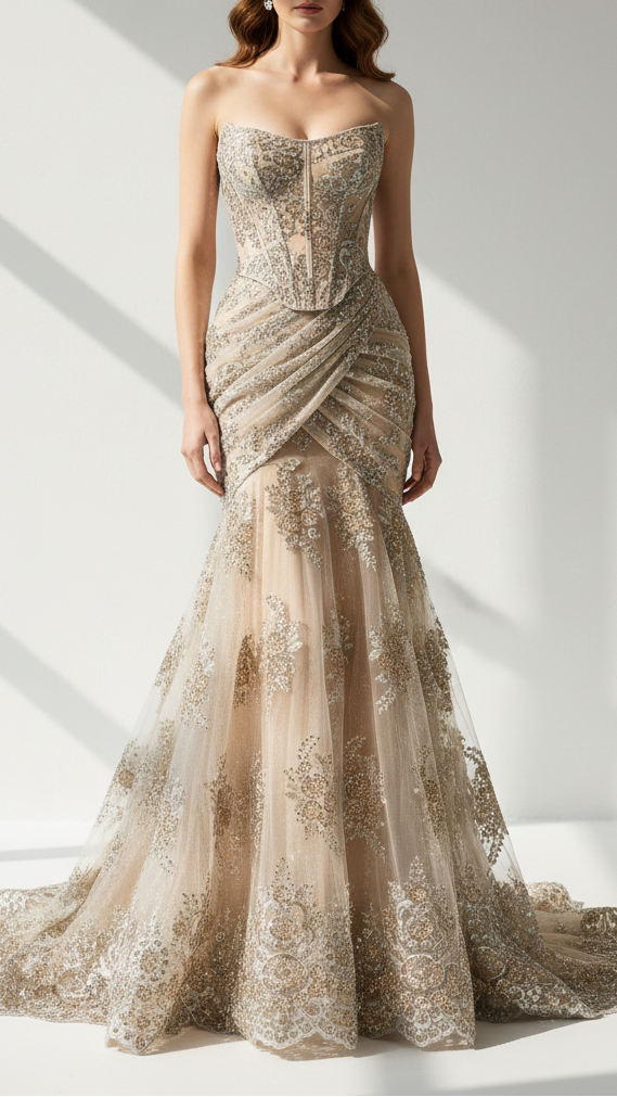 Grey Imported Net Fabric With All Over Sequins And Bead Work With One Side Scalloped Border 22039