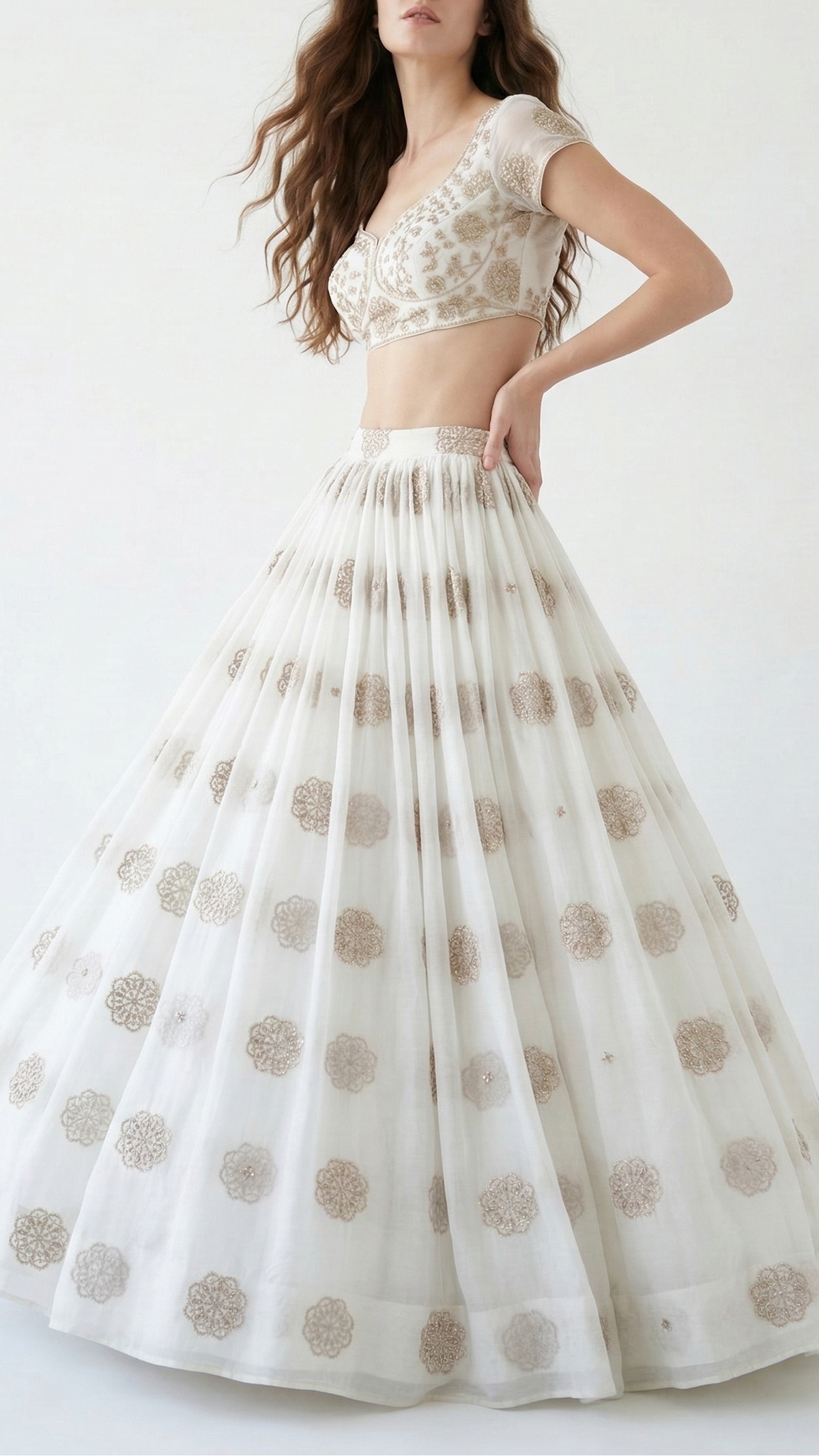 White Dyeable Georgette Fabric With All Over Sequins, Beads And Katdana Work 22143