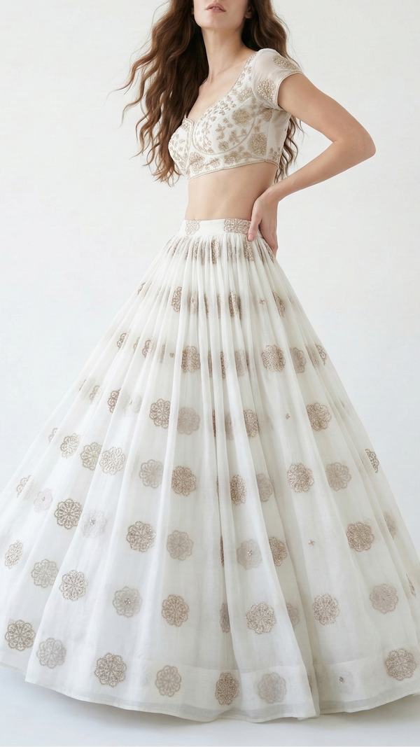 White Dyeable Georgette Fabric With All Over Sequins, Beads And Katdana Work 22143