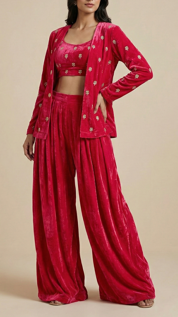 Rani Pink Velvet Fabric With All Over Buti Of Katdana, Sequins And Zari 20600