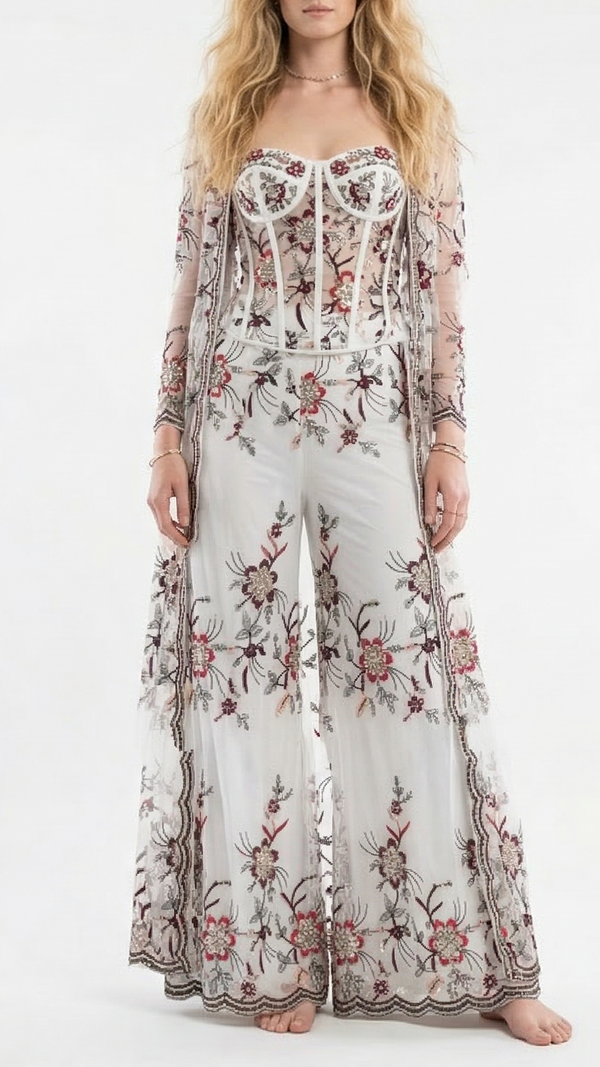White Cotton Fabric With All Over Thread And Sequins Work With One Side Heavy Border 15603