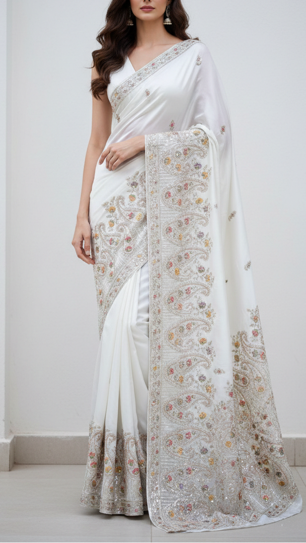 White Dyeable Crepe Fabric With All Over Buti Of Zari, Sequins, Thread And Katdana Work With One Side Border 21678