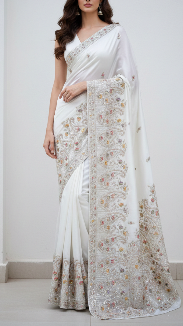White Dyeable Crepe Fabric With All Over Buti Of Zari, Sequins, Thread And Katdana Work With One Side Border 21678