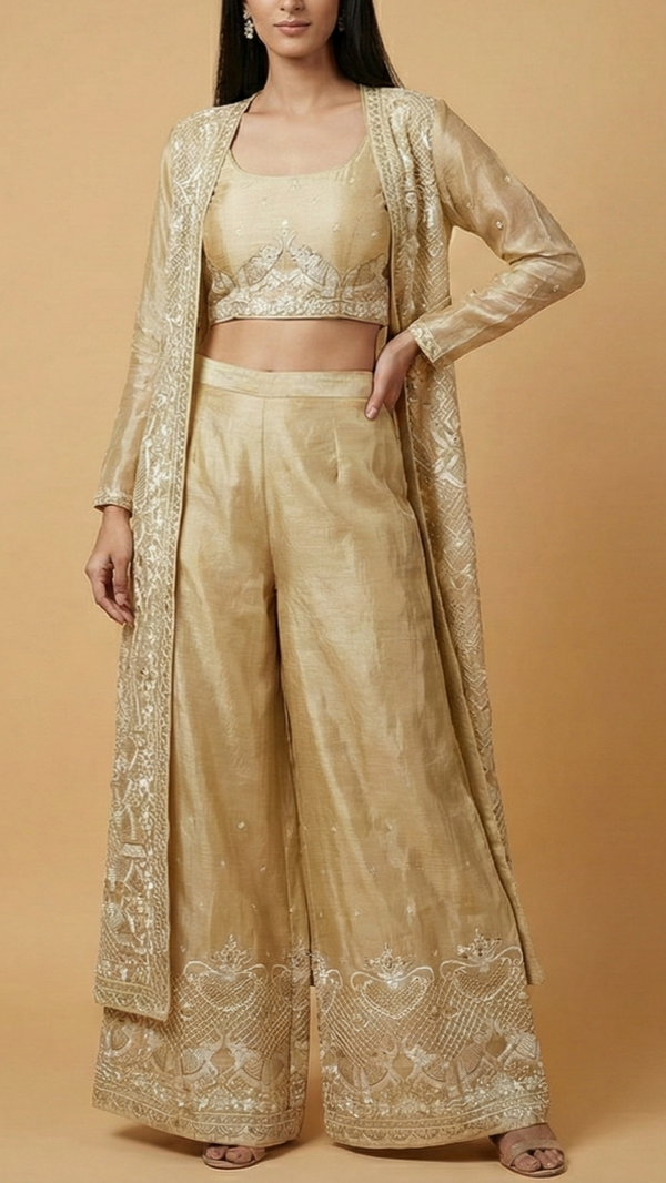 The Noor - Golden Tissue Fabric With Sequins, Zari And Threadwork Elegance | 10191