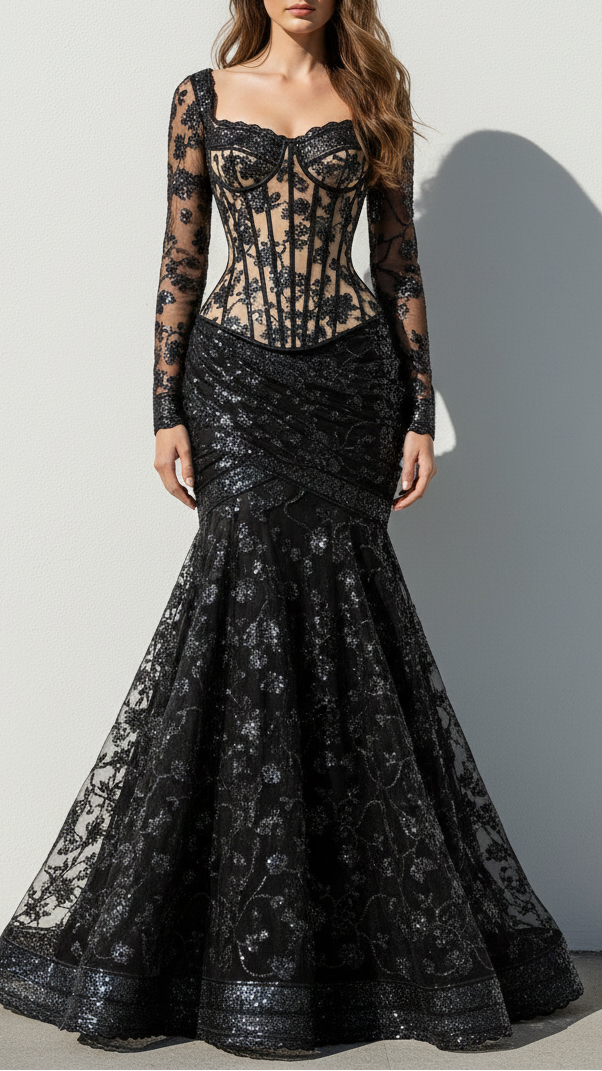 Black Imported Net Fabric With All Over Katdana, Bead And Sequins Work With One Side Scalloped Border 22033