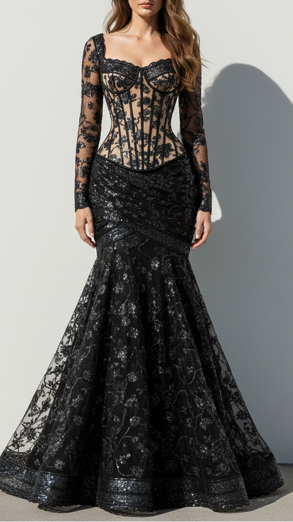 Black Imported Net Fabric With All Over Katdana, Bead And Sequins Work With One Side Scalloped Border 22033
