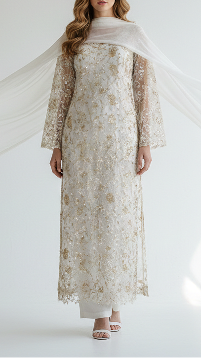 White Dyeable Net Fabric With All Over Sequins, Thread And Katdana Work 21448